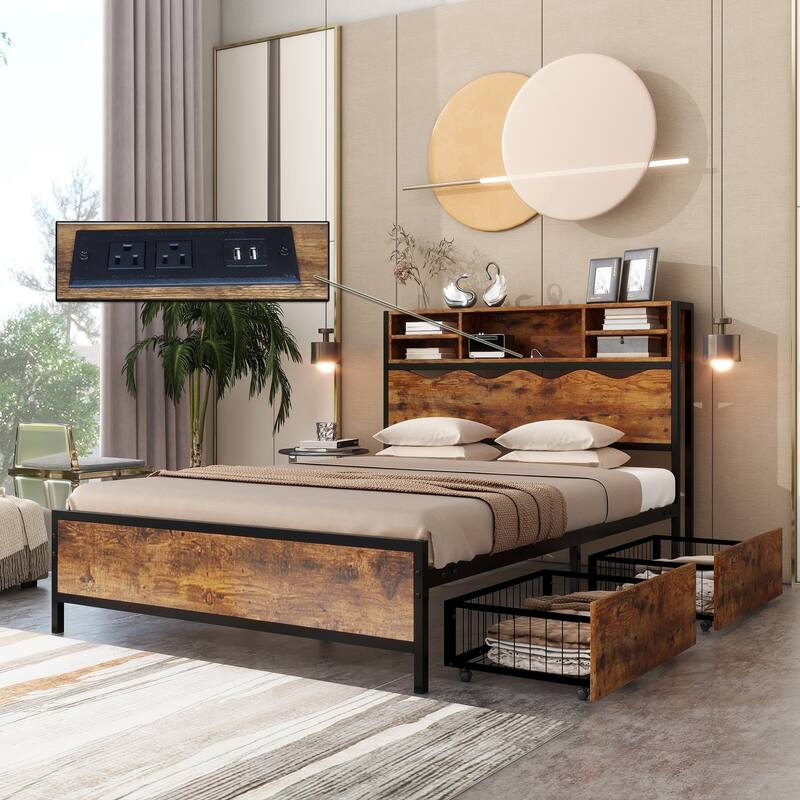 Metal Full&Queen Size Storage Bed Frame Wood Headboard and Footboard - Antique Bronze - Full