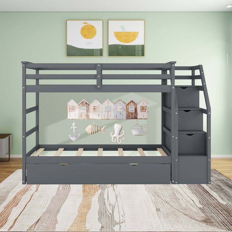 Twin Over Twin Bunk Bed with Trundle and 3 Storage Stairs for Kids/Teens/Adults - Gray