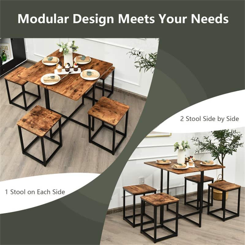 Metal Frame Dining Set with Compact Dining Table and 4 Stools 5 Pieces