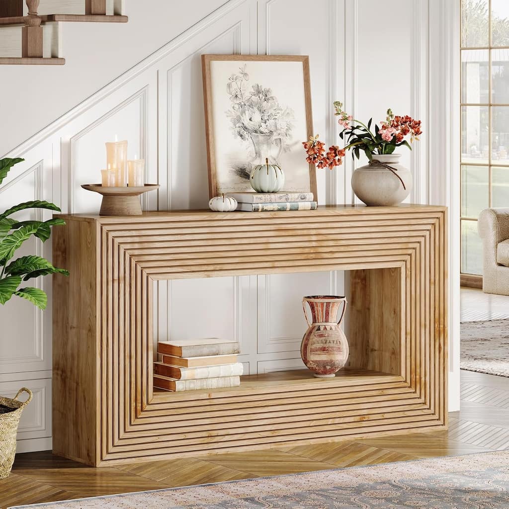 59-Inch Wood Farmhouse Fluted Entryway Table with Storage Natural