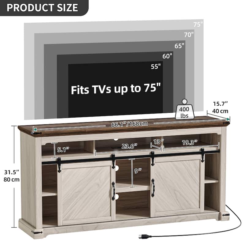Moasis Farmhouse TV Stand for TV up to 75" Sliding Barn Door Media Console with LED Lights
