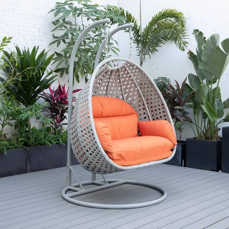 Mendoza 2-Person Hanging Egg Swing Chair with Iron Metal Stand Handcrafter Grey Wicker Hammocks for Outdoor Patio or Indoor Use