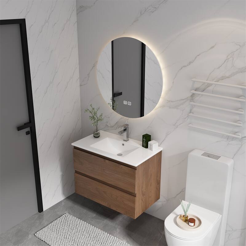30" Wall-Mounted Bathroom Vanity w/Ceramic Sink,2-Soft Close Drawers