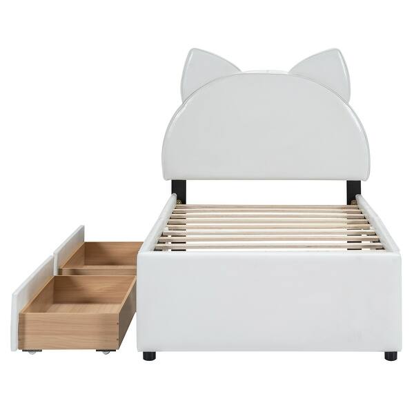 slide 2 of 11, Platform Bed with Cartoon Ears Shaped Headboard & 2 Drawers, PU Upholstered Platform Bed with Slats Support for Kids Boys, Girls White - Twin
