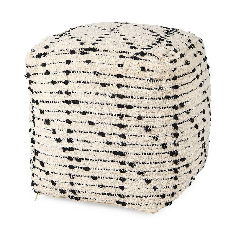 Mercana "Aarohi" Cream & Black Patterned Cotton Square Pouf - Cream & Black