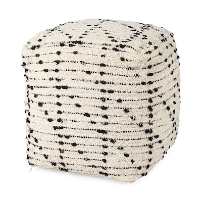Mercana "Aarohi" Cream & Black Patterned Cotton Square Pouf