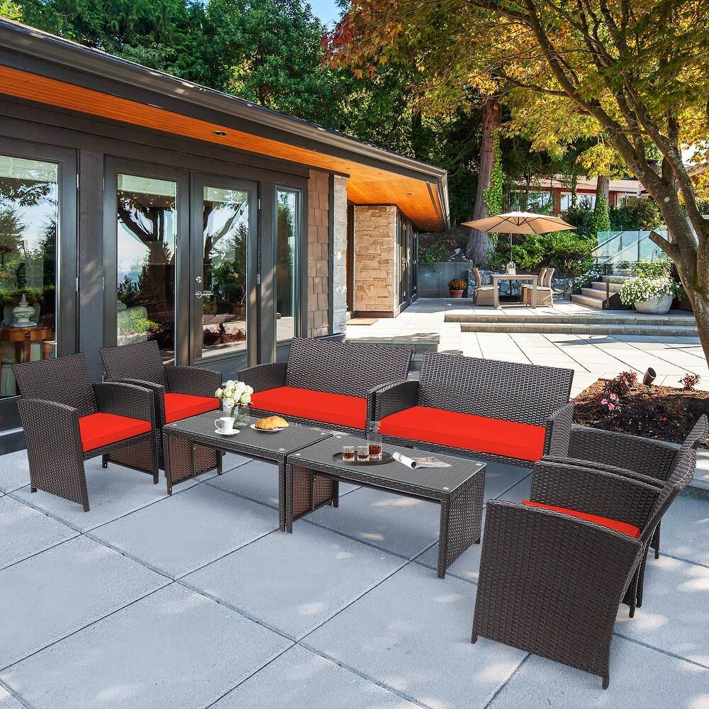 Costway 8PCS Patio Rattan Furniture Set Cushioned Chair Sofa Coffee