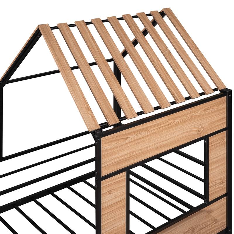 House-Shaped Metal Loft Bed with Roof, Window, Guardrail, and Ladder