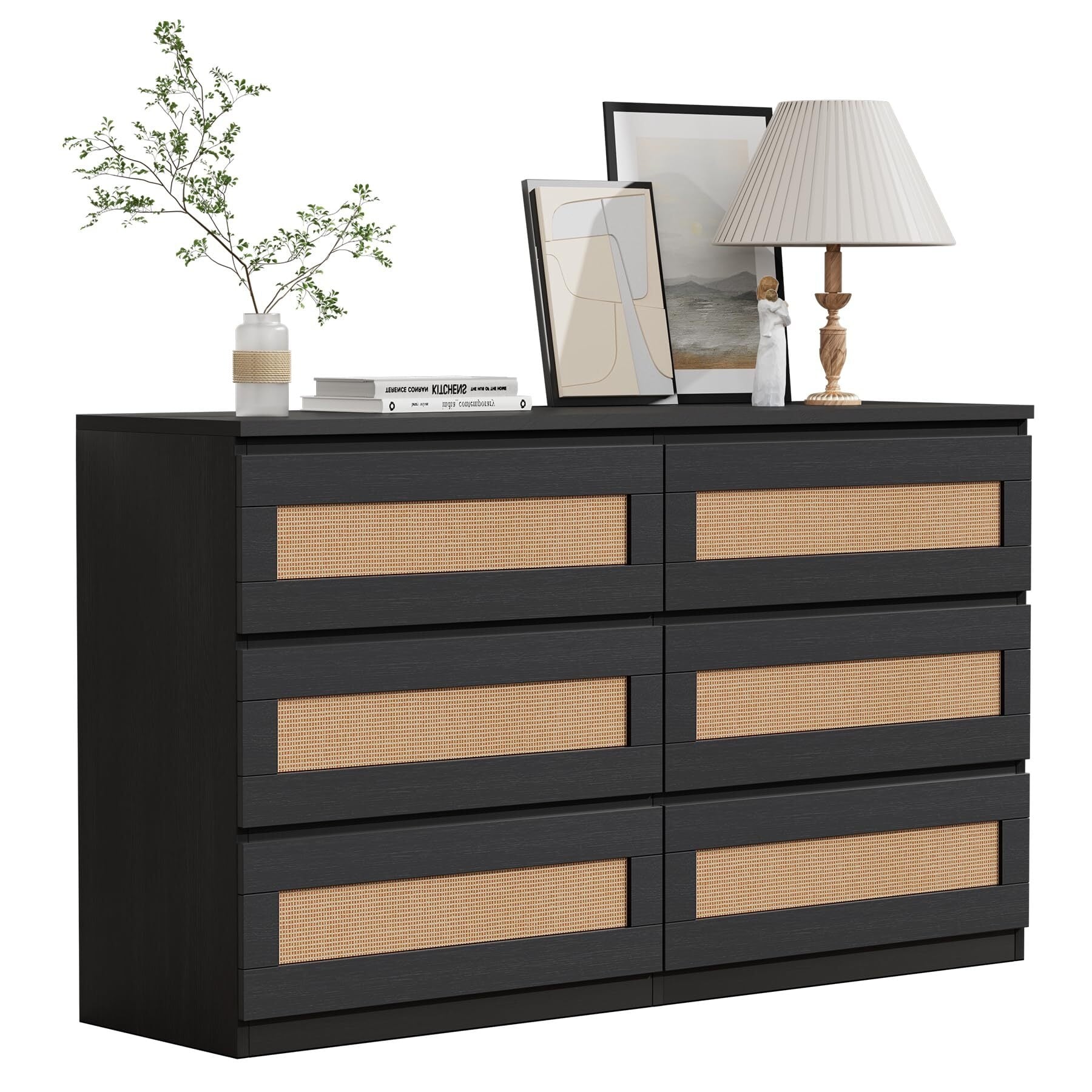 Modern Farmhouse Dresser with Rattan Doors - 47 Inch Wide 6-Drawer Storage Cabinet, Wood Chest of Drawers Organizer