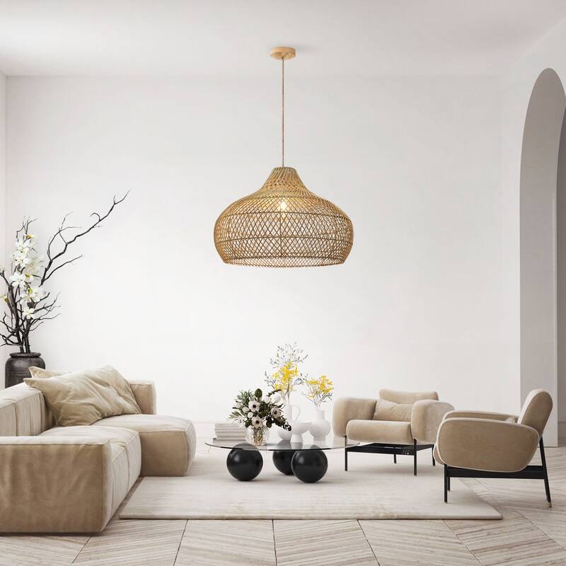 Kloe Rattan Pendant Light - Natural Brown Dome 1-Light Handwoven Ceiling Light For Transitional, Farmhouse, Coastal Room Decor