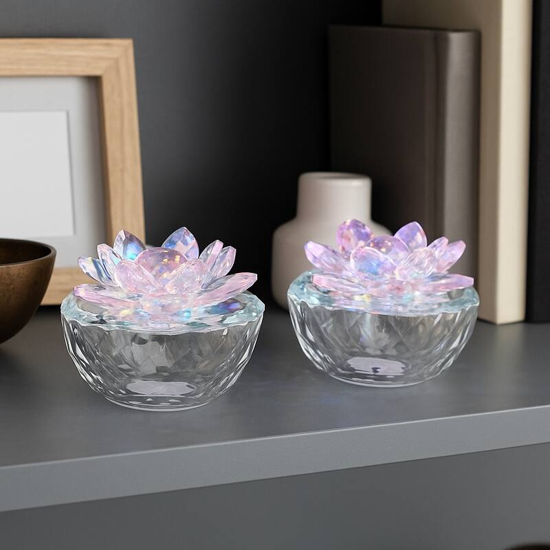 Decorative Round Glass Box with Lotus Top - Set of 2, 4"