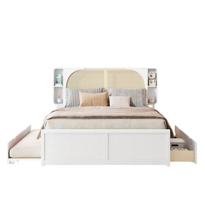 Queen Bed with Rattan Headboard‌ – Includes Two Storage Drawers & Trundle for Extra Sleeping Space