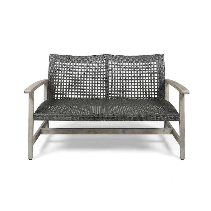 Outdoor Acacia Wood Loveseat Sofa Rattan Wicker 2 Seater Sofa Couch - Grey