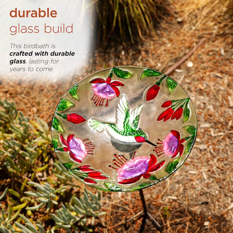 10" Glass Stake Birdbath w/Flowers and Hummingbird