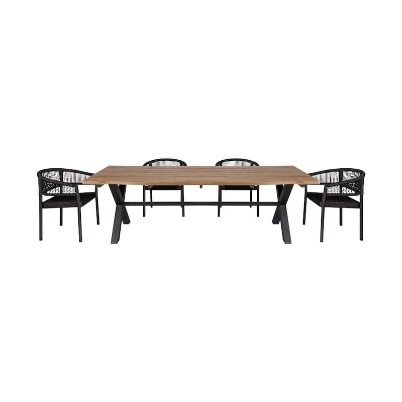 Glendora Doris Outdoor Patio 5 Piece Live Edge Dining Set in Eucalyptus Wood and Black Rope