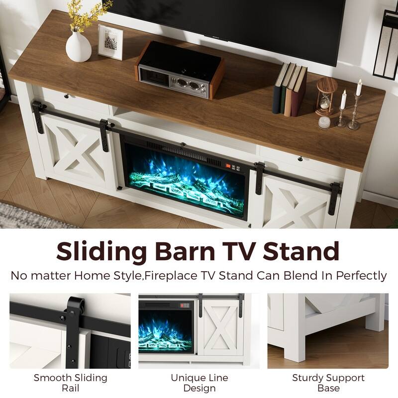 59" Sliding Diamond Door TV Stand for TVs up to 65" with 23" Electric Fireplace Included