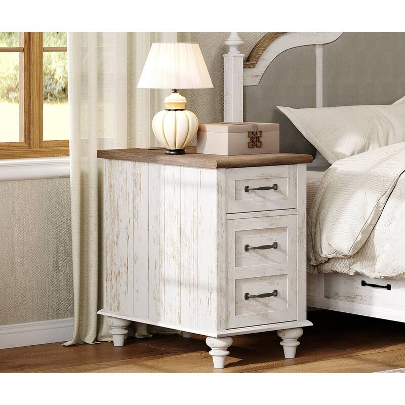 End Table with Charging Station, Side Table with Storage, Power Outlets & Type-C USB Ports for Living Room - 1 Pack - Antique White