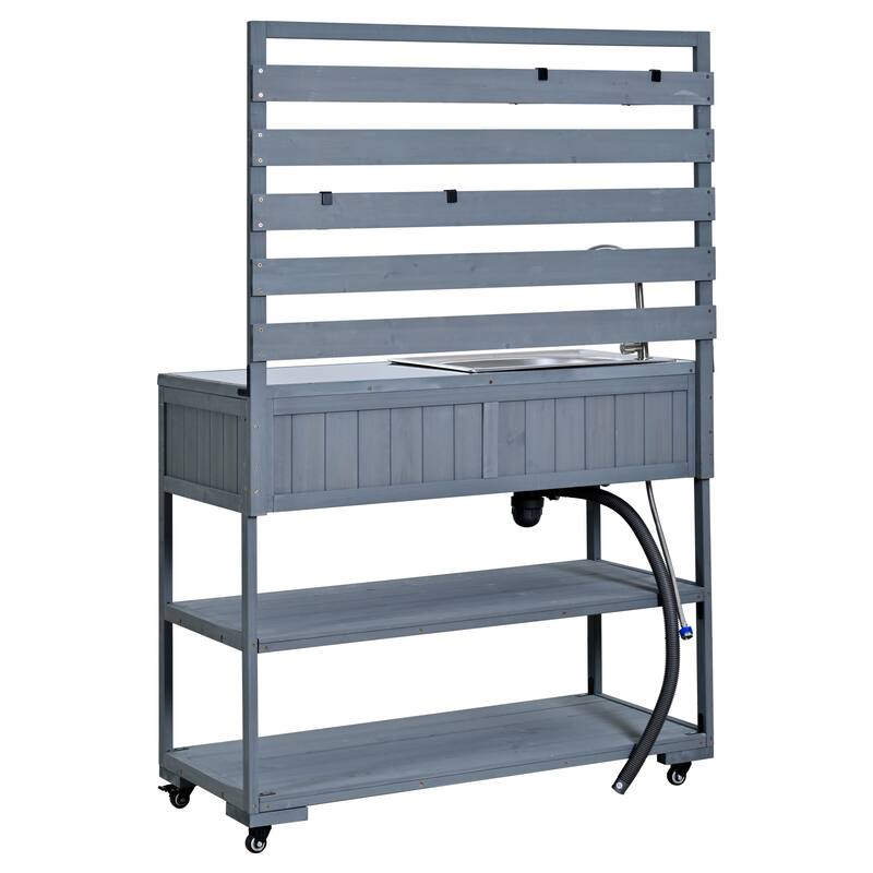 41.7'' Rolling Outdoor Kitchen Island, Solid Wood Kitchen Cart with Sink and Stainless Table Top