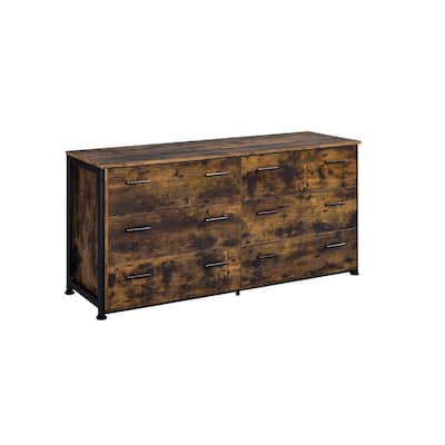 Rustic 59 Inch Six Drawer Dresser in Brown and Black for Bedroom Organization