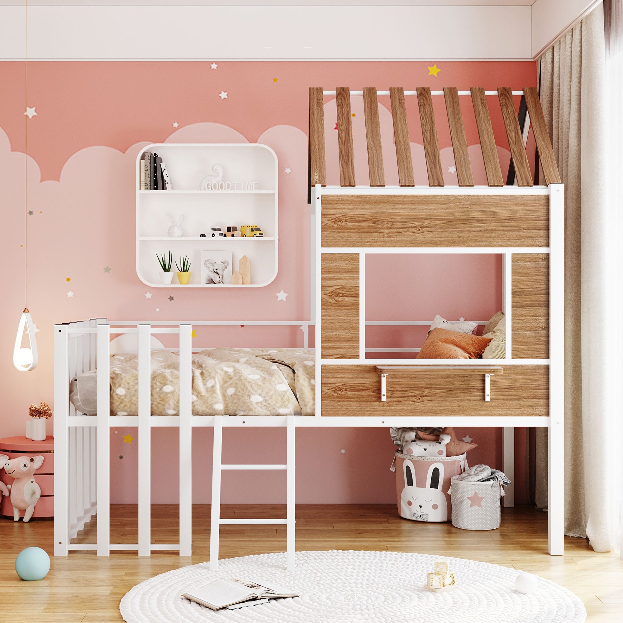 Twin Size Metal House Design Low Loft Bed with 2 Step Ladder Underneath Storage Space and Guardrail