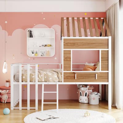 House-Shaped Metal Bunk Bed with Guard Rails and Ladder for Kids