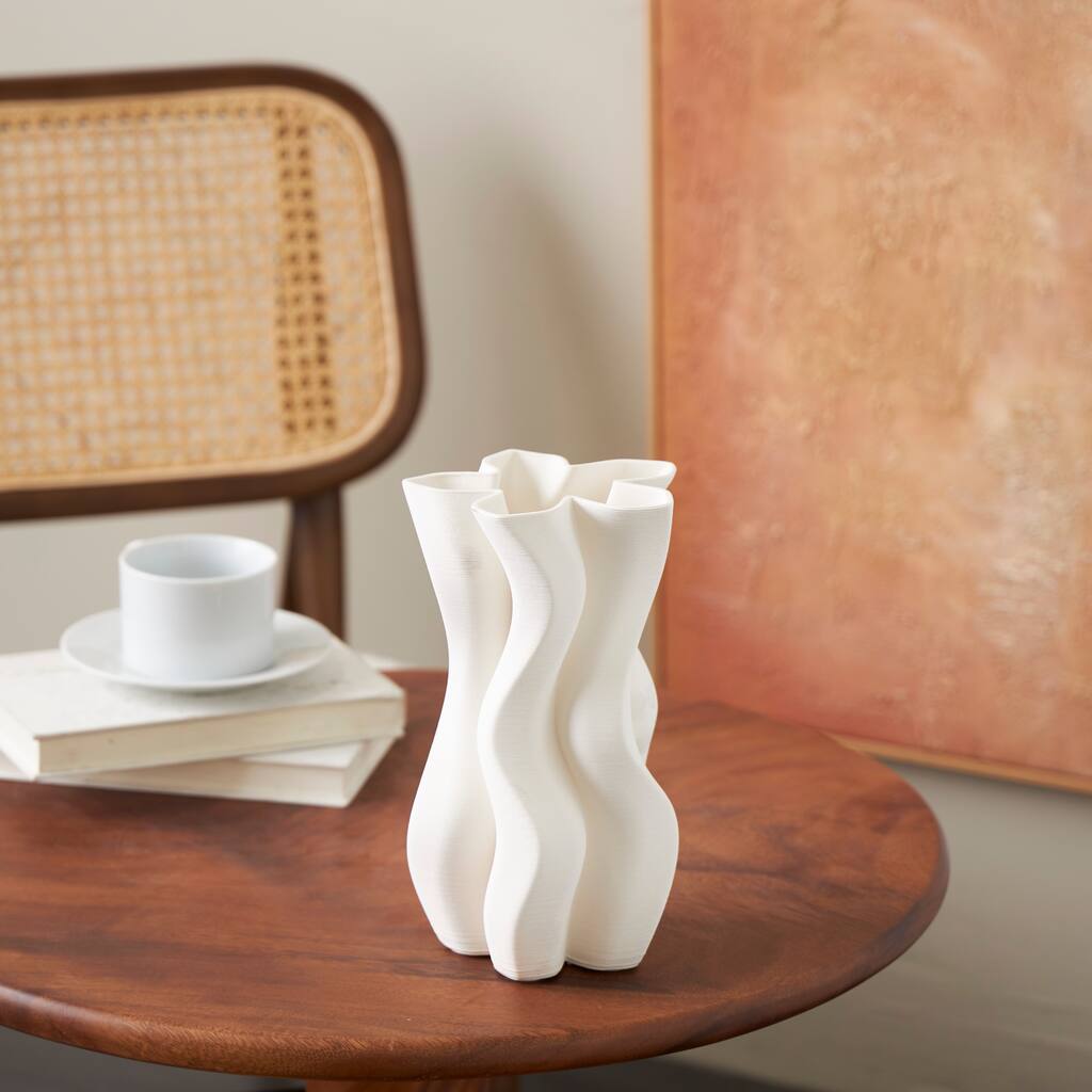 White Ceramic Ribbed Dimensional Wavy Abstract Vase with Floral Shaped Rim