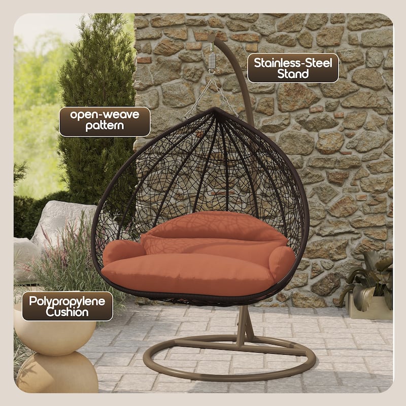 2-Person Egg Swing Chair in Brown Stainless Steel 2-Seater Porch Swing with Stand for Outdoor and Indoor - 77.95" Height