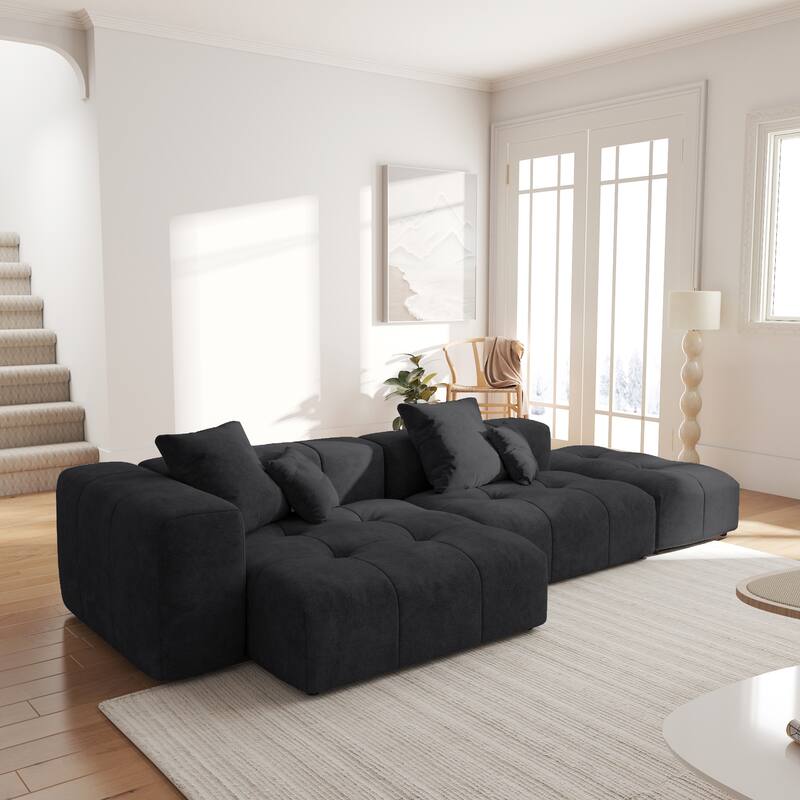 119.27" Linen Modular Sofa Chaise Sectional Sofa with Pillows, Ottoman - Black