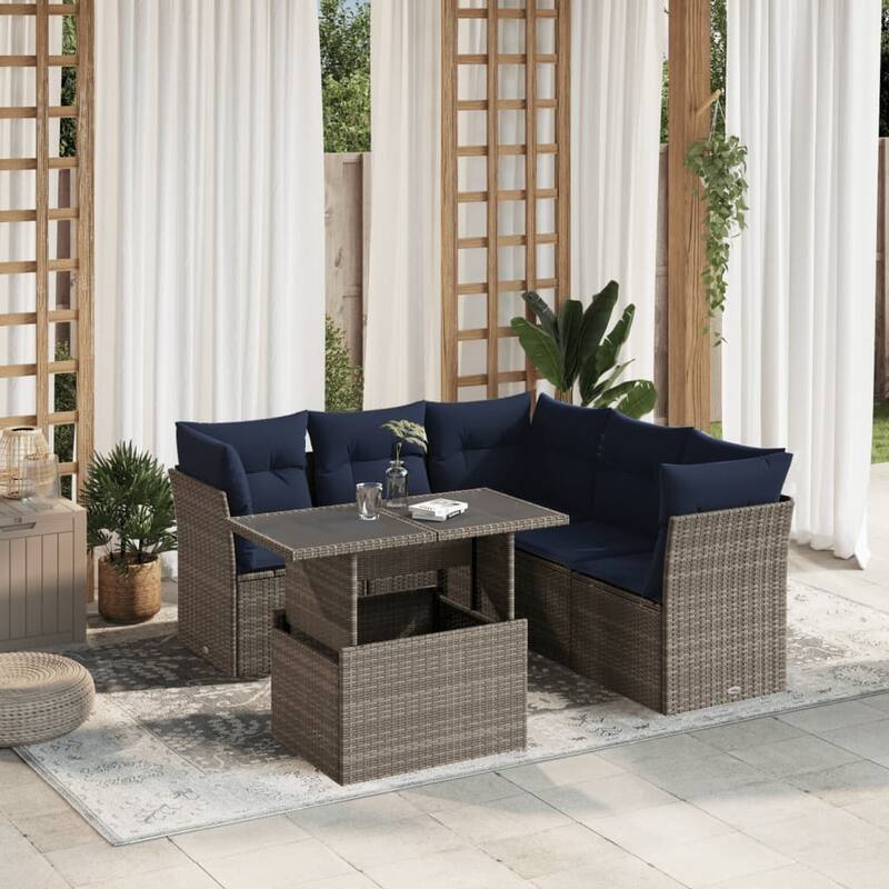 vidaXL 6 Piece Patio Sofa Set with Cushions Brown/Gray Poly Rattan - 24.4 x 24.4 x 27.2 - Gray
