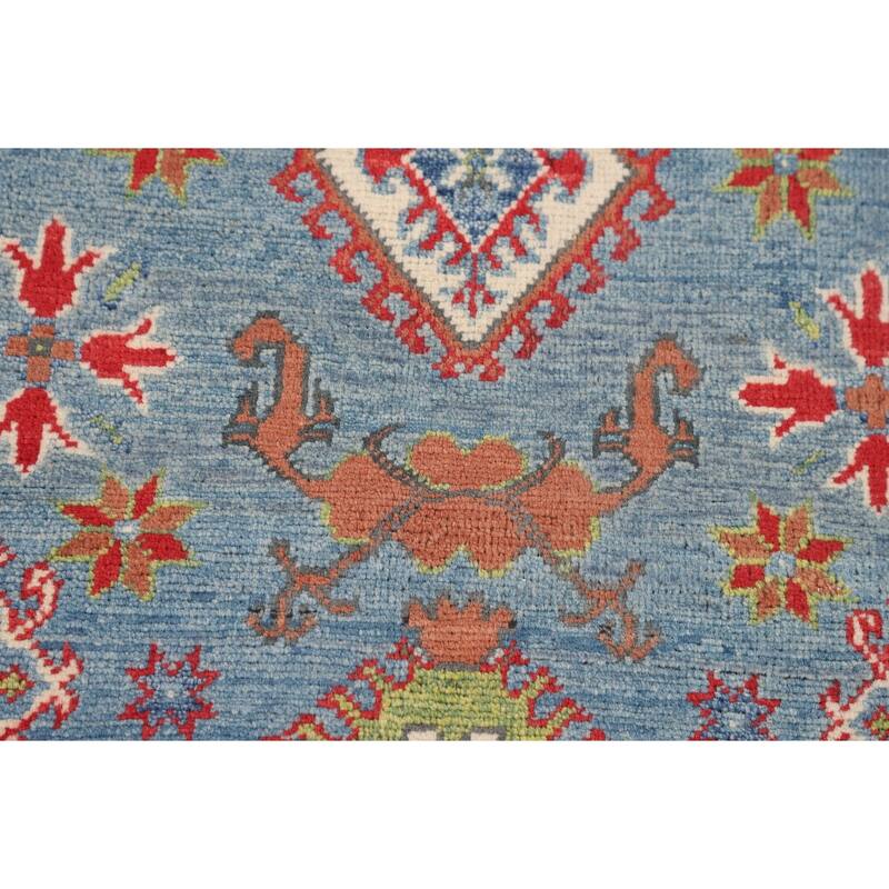 Light Blue Geometric Kazak Rug Hand-Knotted Wool Carpet - 3'3" x 4'11"