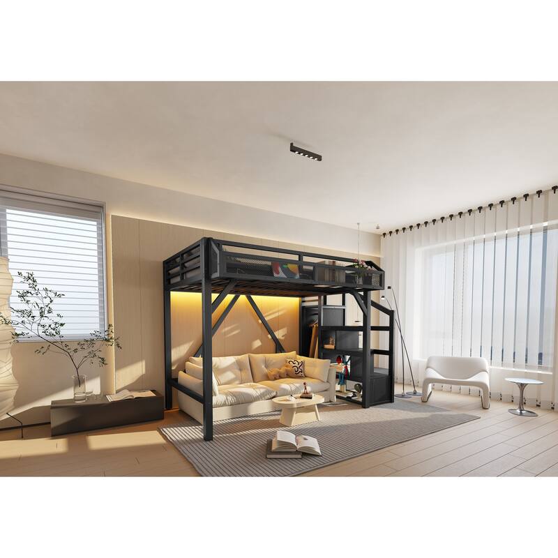Twin Loft Bed with Storage Stairs, Shelves and Built-in Wardrobe, Metal Loft Bed Frame with USB Ports and LED Lights