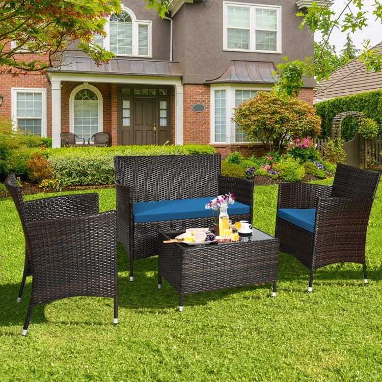 Rattan Patio Conversation Furniture Set with Glass Table and Comfortable Sofa - 4 Pcs