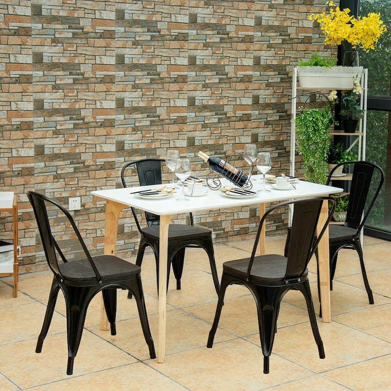 Set of 4 Stackable Metal Dining Chairs with 18-Inch Wood Seats - 17" x 21" x 33" (L x W x H) - Black