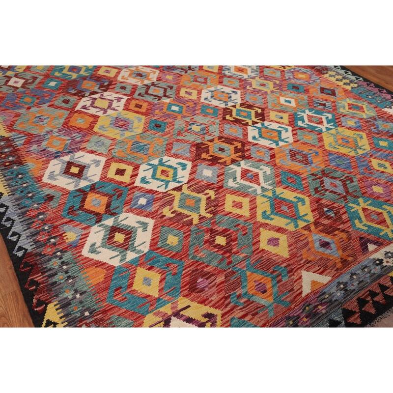 Multi-Color Geometric Kilim Area Rug Flatweave Wool Carpet - 8'5" x 9'6"