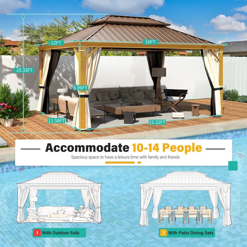 EROMMY Hardtop Gazebo with Galvanized Steel Roof and Curtains, Outdoor Aluminum Pavilion for Patio, Backyard, Lawn
