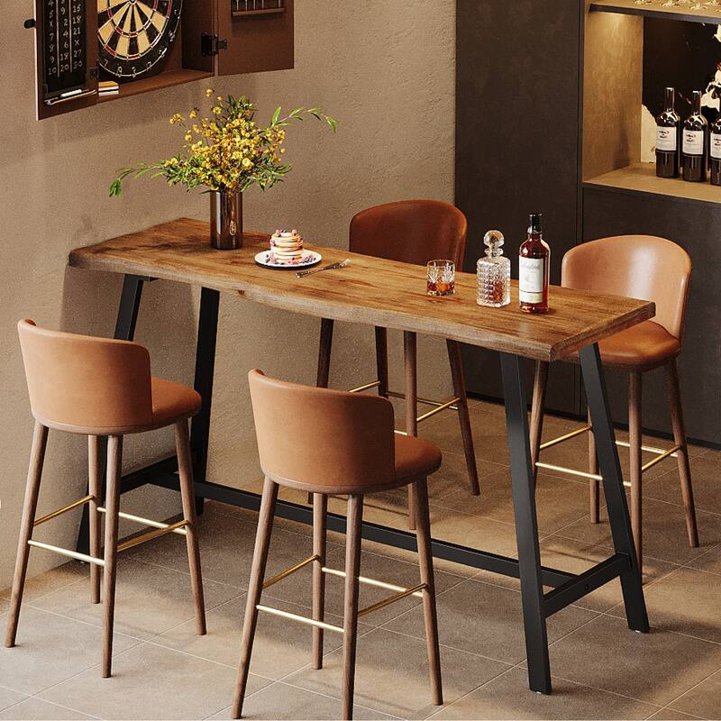 Solid Wood Bar Table, 55.1-Inch Counter Height Pub Table with Sturdy Metal Frame