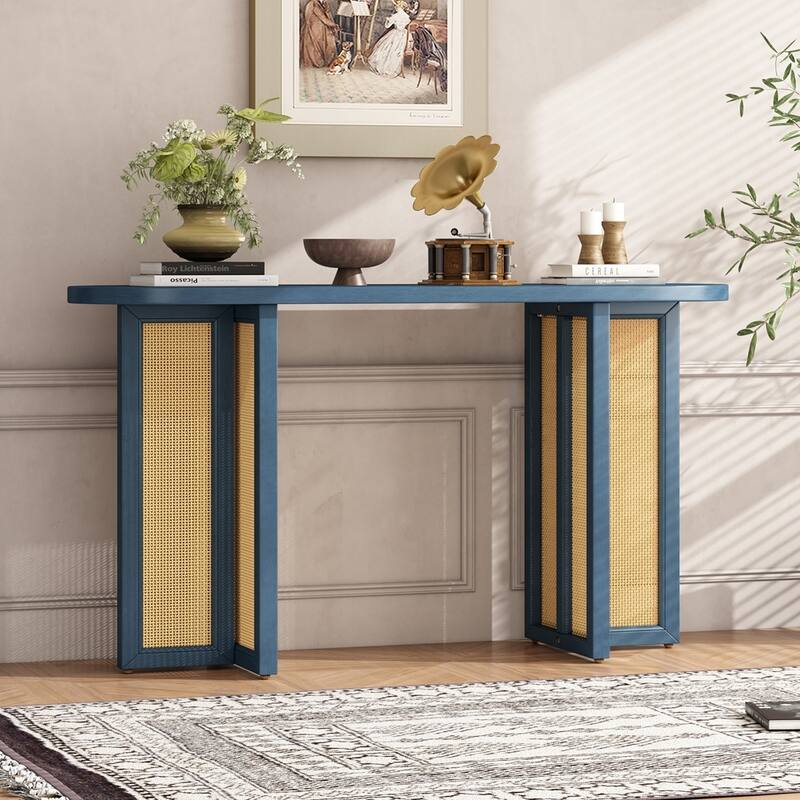 Narrow Console Table Farmhouse Rattan Entryway Table Hallway Table
