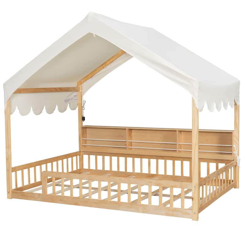 Full Size House-Shaped Daybed with Storage Bookshelves, Canopy Curtain and LED Light, Wooden Floor Bed with Fence