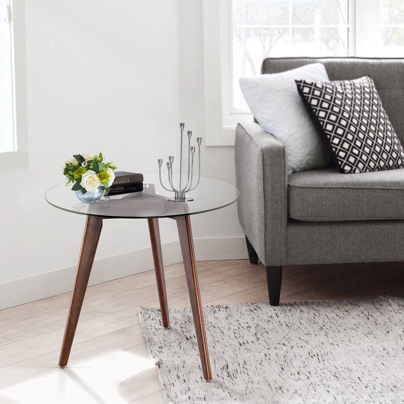 Ivinta Modern Small Dining Table Round Glass Coffee Table Farmhouse Kitchen Table - Clear Top - Brown