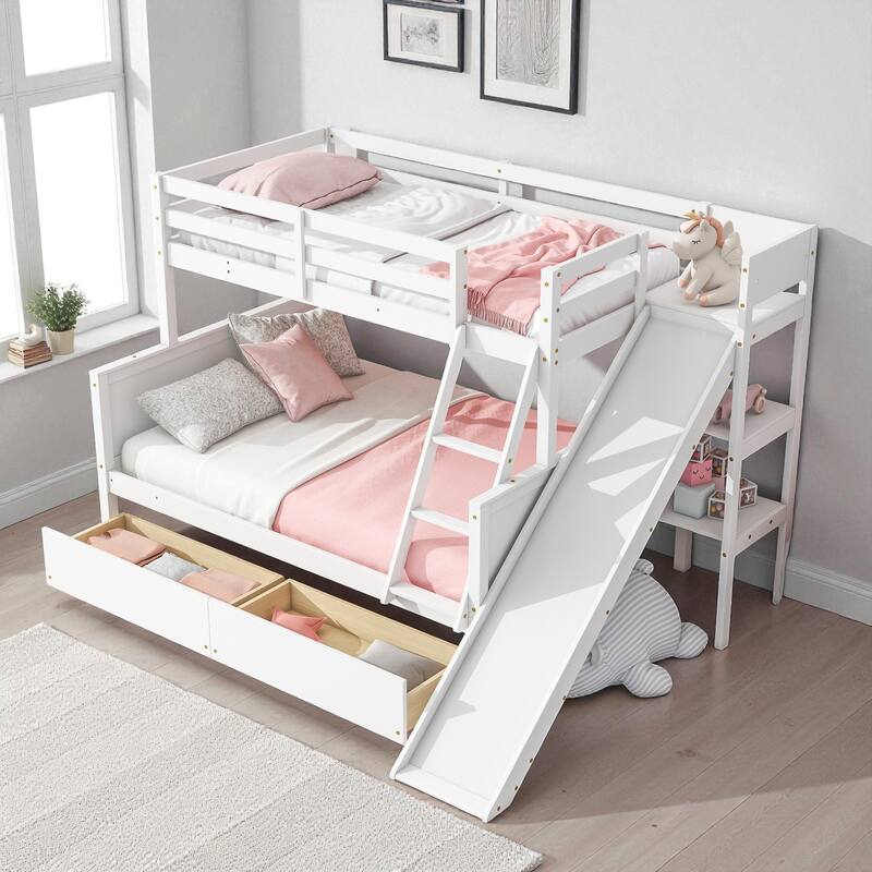 Twin Over Full Rubber Wood Bunk Bed with Slide, 2 Drawers, Shelves and Ladder, Solid Wood Bunk Bed for Kids