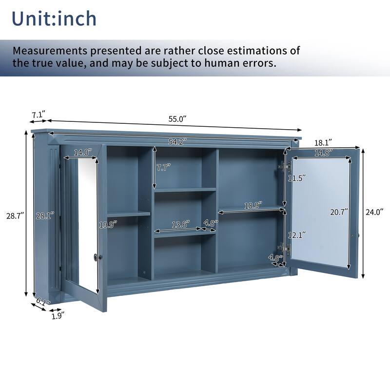 55 Inch Wall Mount Medicine Cabinet with Dual Mirrors, Adjustable Shelves and Soft Close Hinges