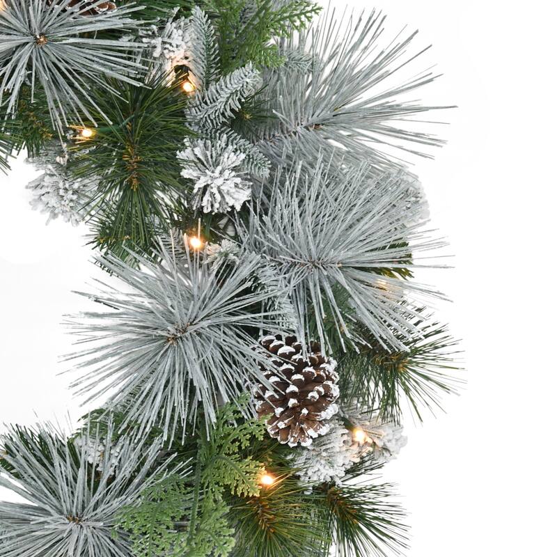 Pre-Lit Flocked Mixed Pine and Pine Cone Artificial Christmas Wreath - 24" - Warm White