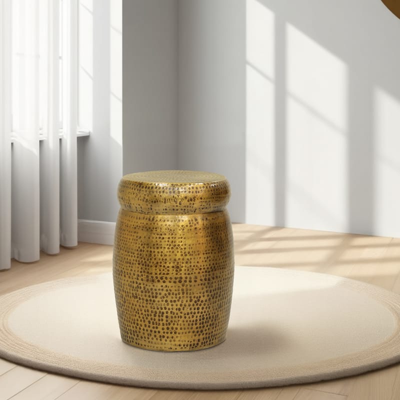 Kvira Round Drum Side End Table Artisan Hammered Embossed Texture Antique Gold Brass Finish