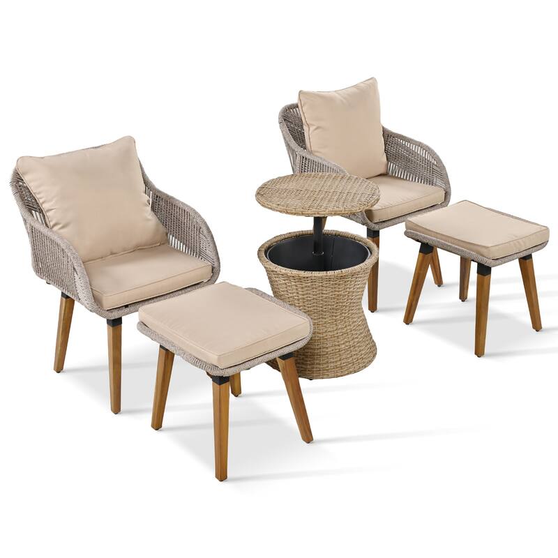 5 Pcs Outdoor Patio Furniture Set, All-Weather Patio Conversation Set with Wicker Cool Bar Table, Single Chairs and Ottomans