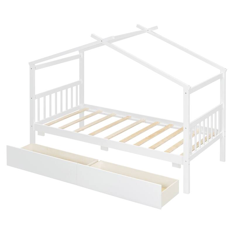 Twin Size House Bed with Storage Drawers and Solid Wood Frame