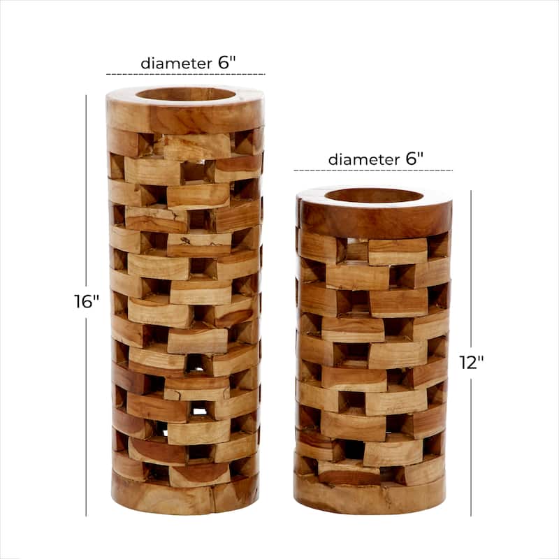 Brown Teak Wood Handmade Decorative Vase with Cut Out Patterns (Set of 2)