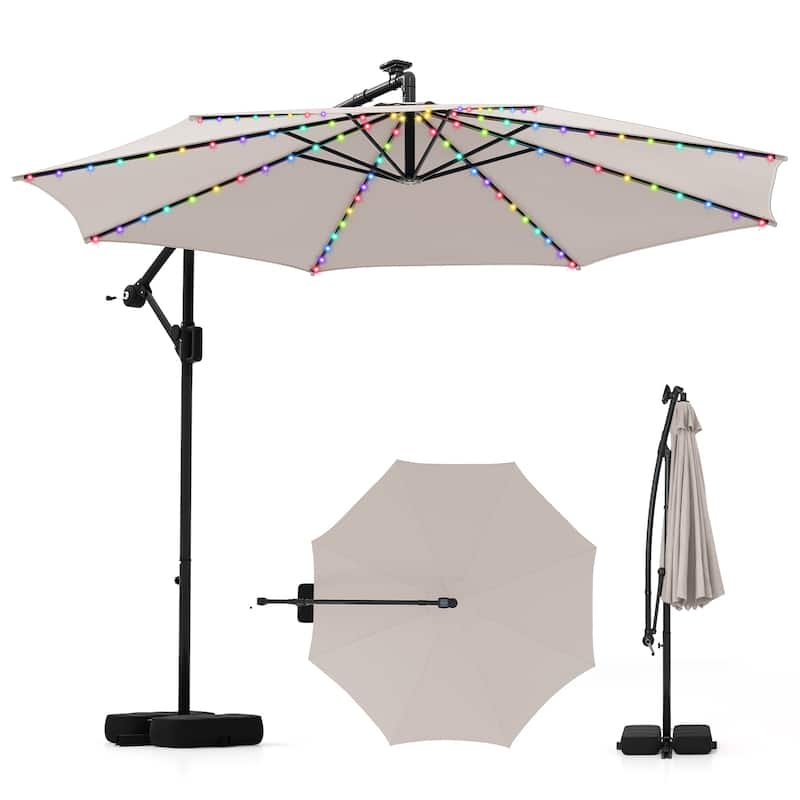 Costway 10 FT Solar Offset Hanging Umbrella with Base Patio Cantilever - Beige