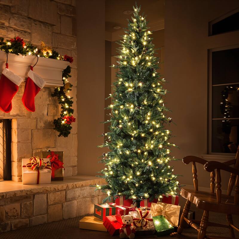 7.5Ft Pre-Lit Hinged Green Slender Artificial Christmas Tree with Pinecones - 90" H x 38" Diameter