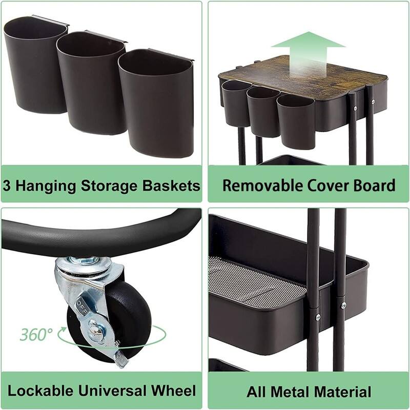 3-Tier Metal Utility Rolling Cart - 16.1" D x 13.8 " W x 33.9 " H