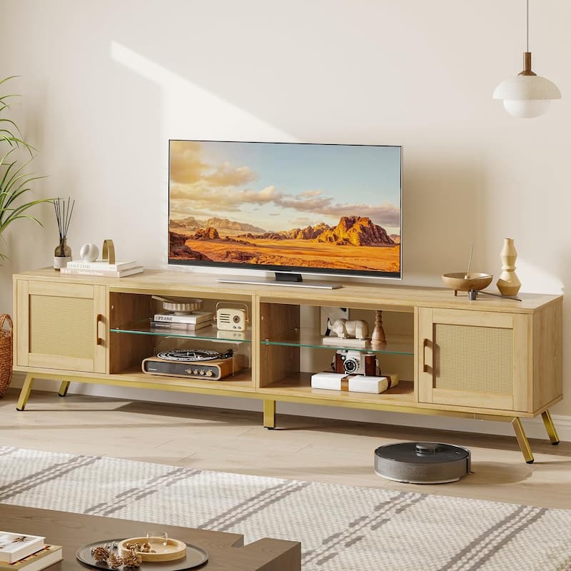 80'' Rattan Black TV Stand for TVs up to 85", Boho LED TV Console with Adjustable Shelves and doors